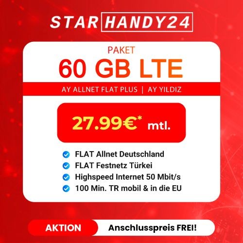Handyvertrag AyYildiz Ay Allnet Plus 60GB 5G Handytarif für 27,99€ mtl.SIM-Karte
