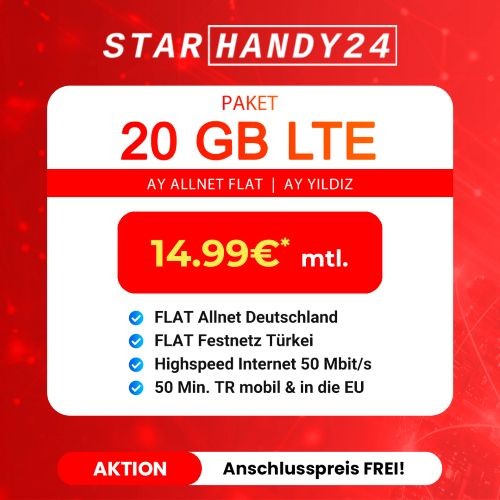 Handyvertrag AyYildiz Ay Allnet Flat 20GB 5G Handytarif für 14,99€ mtl.SIM-Karte