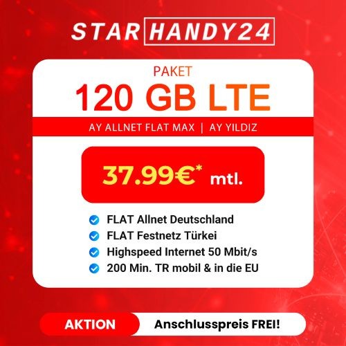 Handyvertrag AyYildiz Ay Allnet Max 120GB 5G Handytarif für 37,99€ mtl.SIM-Karte
